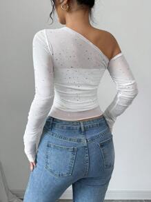 Chiquease Top en maille à encolure asymétrique avec décoration de sequins, mode automne