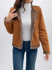 SHEIN LUNE Casual Deer Plush Faux Fur Thick Contrast Color Snap Button Decor Women Faux Leather Jacket