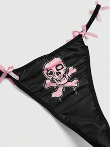 ROMWE Goth 哥特式浪漫情人节骷髅哥特式字体吊带丁字裤内衣套装，带蝴蝶结，可爱