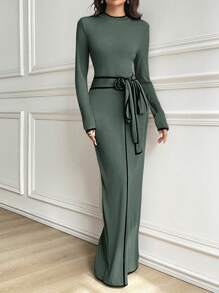 Modelyn 女士撞色绑带圆领长袖系带休闲紧身连衣裙长款晚礼服