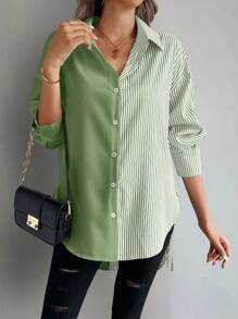 SHEIN LUNE Blusa asimétrica casual de mujer con bloques de color y rayas, camisa de mujer para primavera/otoño