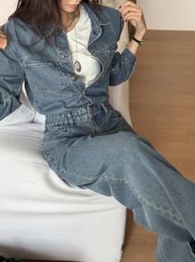 DAZY 女式秋季纽扣前口袋休闲牛仔连体裤长袖