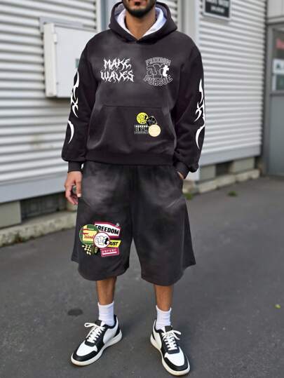 Manfinity LEGND 男士休闲印花连帽衫和裤子套装