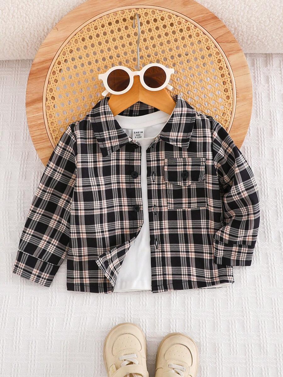 SHEIN Camisa de manga larga con botones y bolsillo a cuadros para niños pequeños y bebés, estilo casual y de moda, corte holgado, delgada y suave, diseño a cuadros clásico, adecuada para diversas ocasiones como juego al aire libre, compras y ocio en el hogar - Multicolor - Ver 1