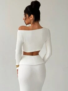 SHEIN Privé Set da 2 pezzi per San Valentino, composto da top a maniche lunghe con colletto asimmetrico e gonna lunga aderente, elegante - Bianco - Visualizzare 8