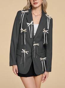 ROMWE Kawaii Women's Bow Decor Long Sleeve Button Front Casual Blazer Jacket - Grey - View 2
