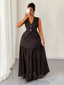 Maweii Plus Size Woven Elegant 2-Button Vest Suit Set - Coffee Brown - View 1