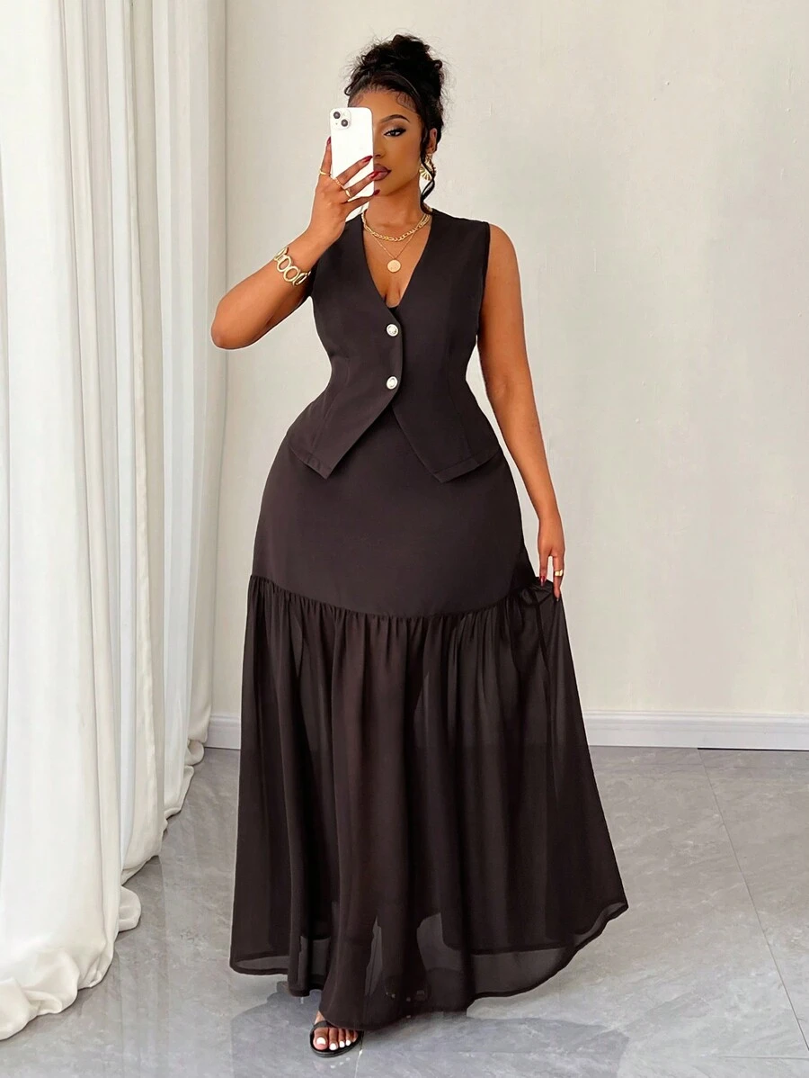 Maweii Plus Size Woven Elegant 2-Button Vest Suit Set - Coffee Brown - View 1