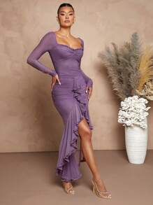 L'Amorae Vestido con ruedo alto y bajo con manga larga fruncida y con volantes