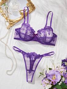 2pcs Purple Elegant Embroidered Floral Sheer Sexy Lingerie Set - Purple - View 4