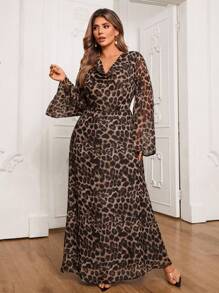 SHEIN VCAY Plus Size Leopard Print Flare Sleeve Loose Fit Dress,Beach Dress Sundress,Holiday Outfits Boho - Multicolor - View 5