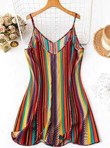 SHEIN LUNE Vestido casual de verano con cuello de pico en V y tirantes para mujer talla grande con rayas arcoíris