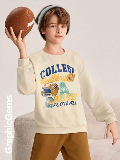 2pcs/Set Tween Boys Round Neck Long Sleeve Letter Print Casual Top And Pants Set