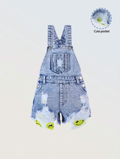 Denimly Young Girls Casual Daily Urban Street Style Smile Face Print Washed Light Blue Distressed Denim Romper