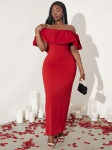 SHEIN SXY Vestido maxi con hombros descubiertos y ajustado para mujer talla grande, nuevo para primavera y verano, con tema de San Valentín en rojo, ideal para bailes, citas, cumpleaños, despedidas de soltera. Es lindo, casual, para ir de compras, salir, y fácil de combinar. Resalta la figura y la estiliza.