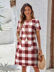 EMERY ROSE Damen Kurzarm Rundhals-Kleid mit Karo-Muster und 2 Taschen, Lässig-Stil