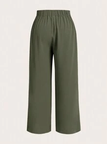 Elaquor 2 Pcs/Set Plus Size Women's Solid Color Pleated Wide Leg Casual Pants, Trousers, Button, Zipper Elastic Back Waist Office For Women Spring Fall - Olive Green - View 8