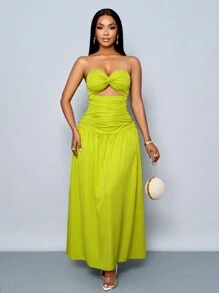 SOLERSUN Vestido largo de tubo fruncido con detalle delantero retorcido, de unicolor, para vacaciones en la playa, para mujer, primavera/verano