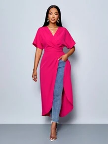 SOLERSUN Magenta Women's Summer Elegant Party Wrap Rose Red Seaside Holiday Valentine's Day Gown,Festive Commuter Long Shirt With Elegant Hem - Hot Pink - View 1