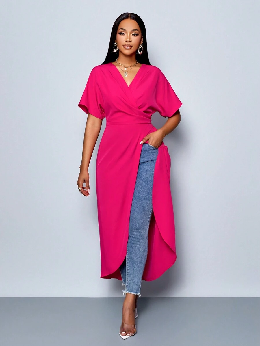 SOLERSUN Magenta Women's Summer Elegant Party Wrap Rose Red Seaside Holiday Valentine's Day Gown,Festive Commuter Long Shirt With Elegant Hem - Hot Pink - View 1