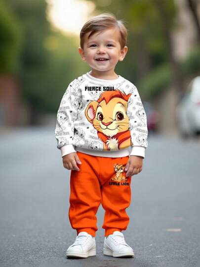 SHEIN Conjunto de sudadera y pantalones sueltos y suaves de punto para bebé niño con diseño de lindo cachorro de león, león naranja feliz, familia, amor paternal, mamá, papá y yo, adecuado para otoño/invierno