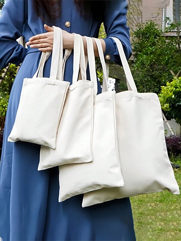 1pc/3pcs Solid Color Canvas Bag, Creamy White Canvas Shopping S, Reusable Fabric Tote ,Shoulder Bag Suitable For DIY, Advertising, Promotion, Gift, Activity For Travel ,Makeup ,Cosmetic ,Vacation Organizer,Blank White Bags For Crafts, DIY Your Creative Designs ,Large Capacity,Boho Vibes