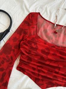 Soleia Women's Vacation Knit Mesh Red Cutout Floral Print Square Neck Long Flare Sleeve Fitted Cute T-Shirt, Suitable For Party, Valentine's Day, Date, Chinese New Year, Carnival, Easter, Afternoon Tea