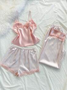 Set de pijama de 3 piezas con top de camisola de satén y pantalones cortos para mujer con adorno de encaje y estampado a rayas, para vacaciones