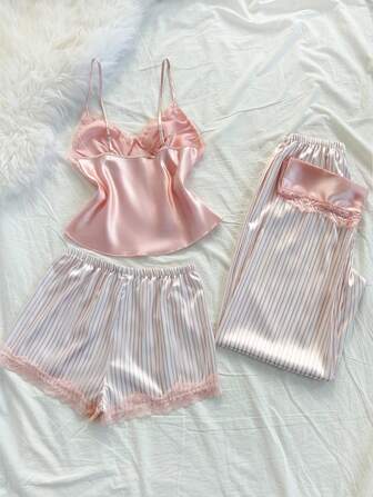 3 件套女士缎面吊带背心和短裤睡衣套装，带蕾丝花边和条纹印花