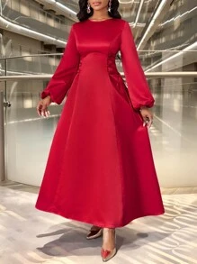 SHEIN Lady 春夏秋冬优雅红色编织圆领系带喇叭A字裙长款长袖红色连衣裙礼服圣诞节女优雅婚礼节日连衣裙