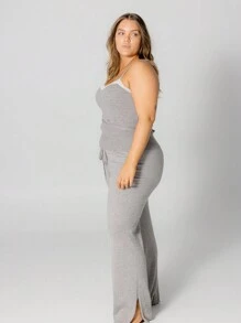 Aralina Cozy Curve Lace Trim Soft And Stretch Gray Rib Knit Front Tie Sleeveless Sleep Set With Headband - Grey - View 4