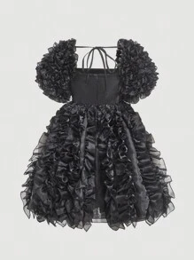 SHEIN MOD Women Elegant Black Ruffle Trim Organza Mini Dress, Dresses For Women, Dresses For Women Elegant, Dresses For Women Party, Corset Dress, Graduation Dress, New Year Party Dress, Going Out Dress, Vintage Dress, Goth Dress, Dress Madrinha De Casamento