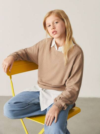 SHEIN Tween Girl Loose Fit Vintage Long Sleeve Ribbed T-Shirt