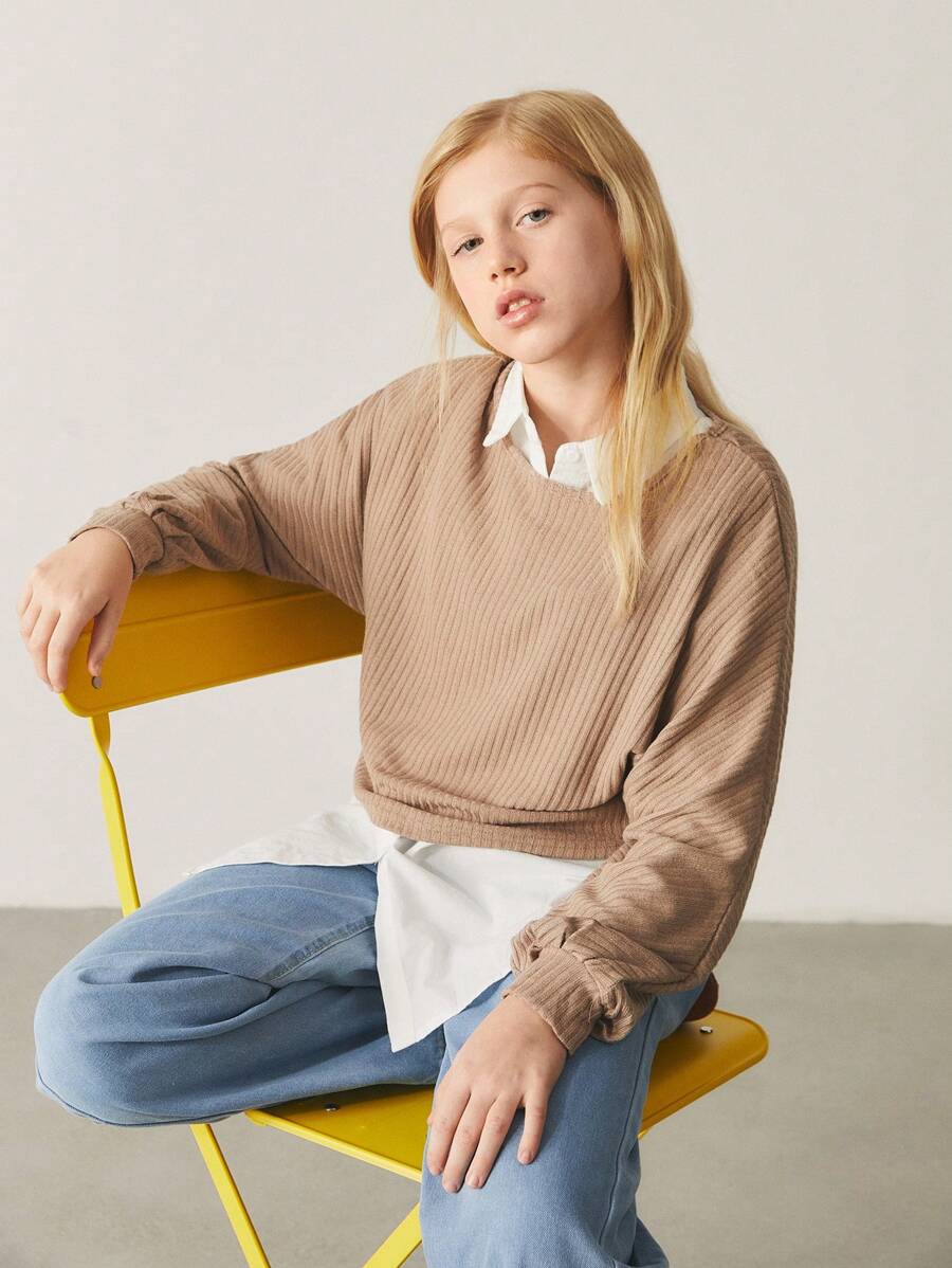 SHEIN Teenager Mädchen Locker geschnittenes, langärmeliges, geripptes Vintage-T-Shirt