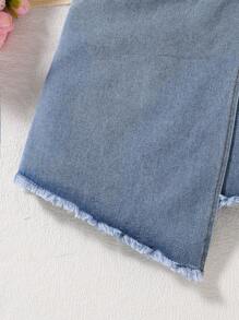 Conjunto de roupa casual para meninas adolescentes com camiseta bordada e shorts jeans - Branco - Ver 5