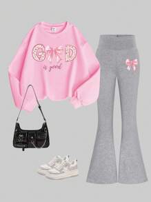 Conjunto de 2 piezas para niña preadolescente que incluye sudadera con cuello redondo con estampado de arco e impresión floral "Dios es bueno" y pantalones acampanados de cintura alta con estampado de arco