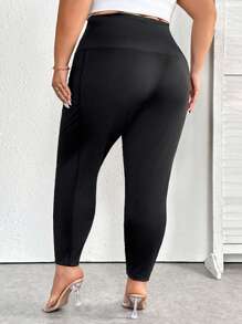 SHEIN CURVE+ Leginsy z dzianiny z wysokim stanem i dużym rozmiarem, eleganckie sportowe, codzienne rajstopy damskie z guzikami z przodu, jesień/zima