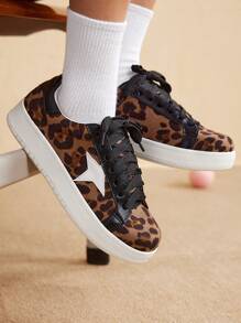 CUCCOO EASI Zapatillas de deporte con cordones de estampado de leopardo de moda informal para mujer - Marrón - Ver 1