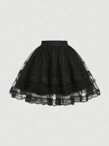 SHEIN MOD Black Tulle Lace Trim Tutu Skirt, Vintage Court Style, Elegant, For Banquet, Date, Party, Festival,New Years Women Outfit,Vacation Outfits Woman,Goth,Beach Outfits For Woman,Valentine's Day Clothes