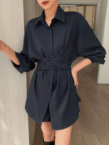 EastFlair Korean Fashion Grey Long Sleeve Shirt Dress & Shorts 2Pcs Set, Waist-Cinched Elegant Outfit