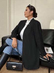 Calvaya Plus Size Women Solid Color Long Sleeve Open Front Casual Jacket, Autumn/Winter - Black - View 1