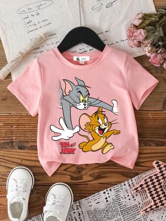 TOM & JERRY X SHEIN Kleine Mädchen Lässig T-Shirt mit Tom & Jerry Cartoon Grafik, kurze Ärmel, geeignet für den Sommer