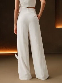 Anewsta Pantaloni di lino a vita alta, dritti, di nuova concezione per la primavera e l'estate, decorati a mano con fiori 3D, abiti pudici per donne - Bianco - Visualizzare 4