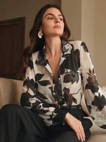 Anewsta Ladies' Autumn Woven French Jacquard Printed Black Apricot Versatile Long Sleeved Shirt Elegant, Casual, Vacation, Spring - Black - View 1