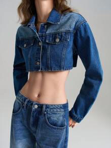 Ontre 女款2025新款前扣长袖口袋简约短款牛仔夹克，春夏女士休闲牛仔夹克