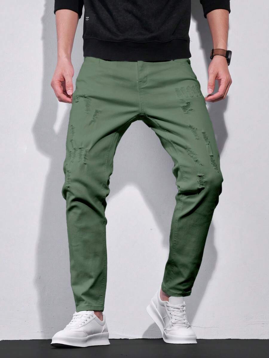 Manfinity Roughcore Men's Casual Solid Color Distressed Tapered Leg Jeans - Army Green - View 1