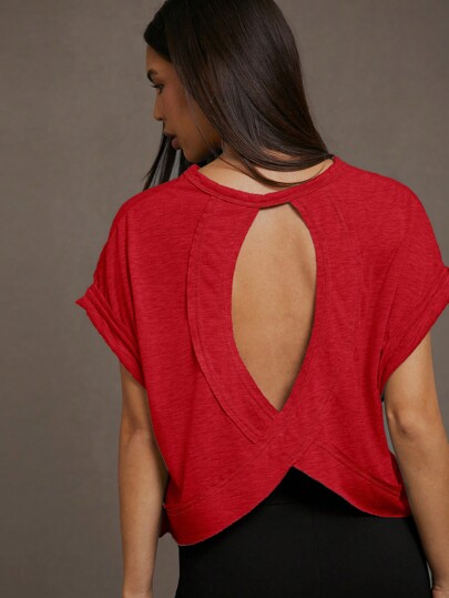 SHEIN Essnce Women Round Neck Plain Backless Casual Daily Spring And Summer Short-Sleeved T-Shirt