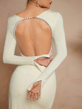 L'Amorae 仿珍珠缀饰露背长袖开衩连衣裙，露背连衣裙