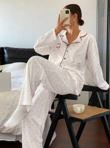 DAZY 波尔卡圆点可爱卡通印花撞色边饰睡衣套装