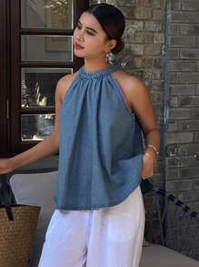 Livesso 女士系带无袖牛仔短款上衣 - 中等水洗藍 - 查看 6